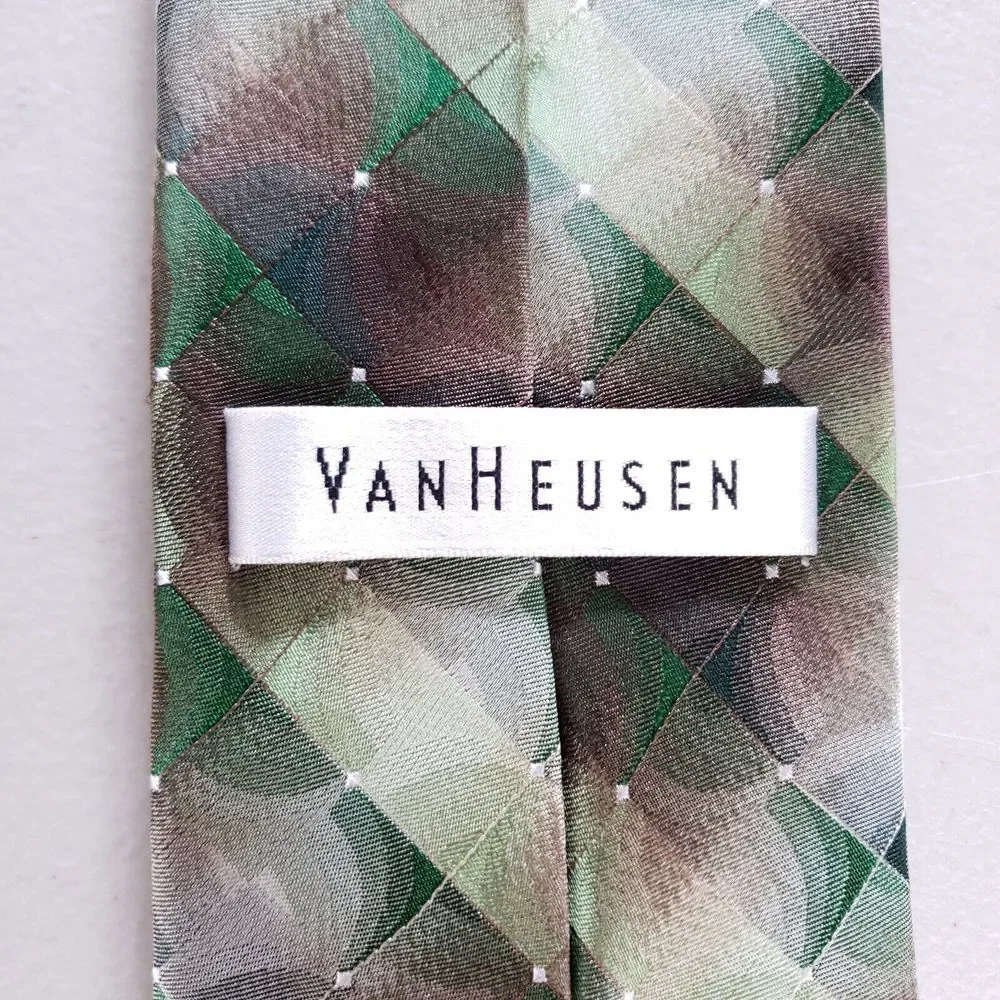 Van Heusen Mens Necktie Green Brown Geometric 100% Silk Luxury‎ Formal Wear